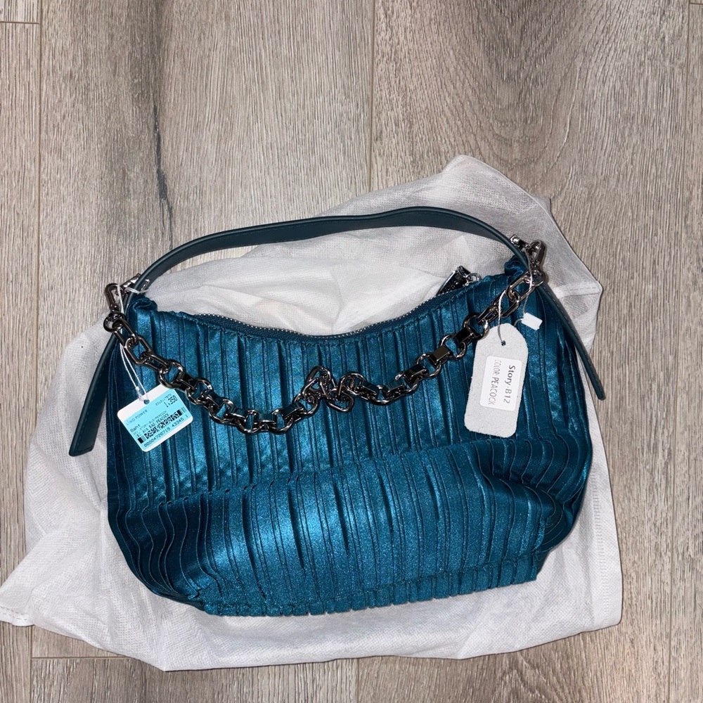 Brand new Teal Pleated Shoulder Bag with Metallic Sheen